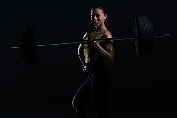 Beautiful Female Bodybuilder Posing Barbell Isolated Black — Stock Photo, Image