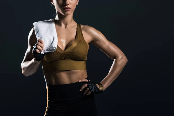 Cropped View Sweaty Female Bodybuilder Towel Isolated Grey — Stock Photo, Image