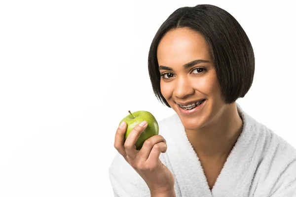 African American Girl Dental Braces Holding Green Apple Isolated White — Stock Photo, Image