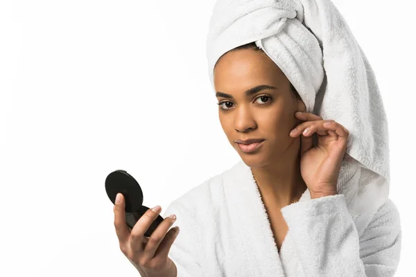African American Woman Bathrobe Towel Perfect Skin Holding Mirror Isolated — Stock Photo, Image