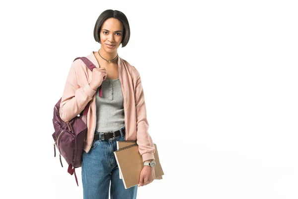 Estudiante Afroamericano Con Mochila Copybooks Aislado Blanco — Foto de Stock