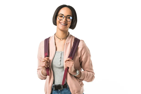 Estudante Afro Americano Feliz Óculos Com Mochila Isolado Branco — Fotografia de Stock