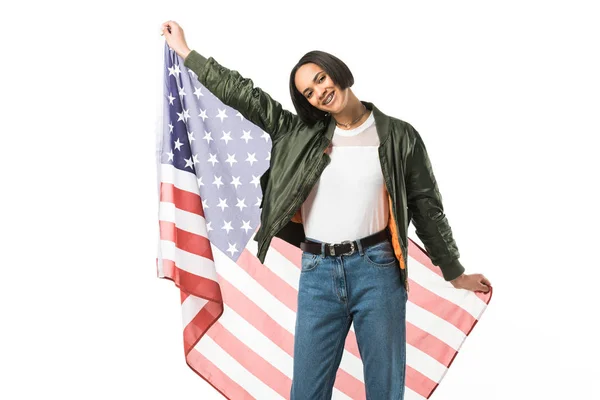 Chica Afroamericana Feliz Posando Con Bandera Estados Unidos Aislado Blanco — Foto de Stock