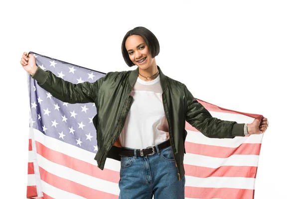 Attractive African American Girl Posing United States Flag Isolated White — Stock Photo, Image