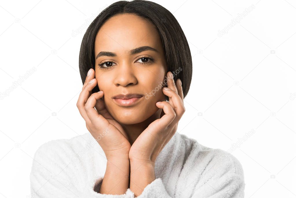 tender african american girl with clean face,  isolated on white