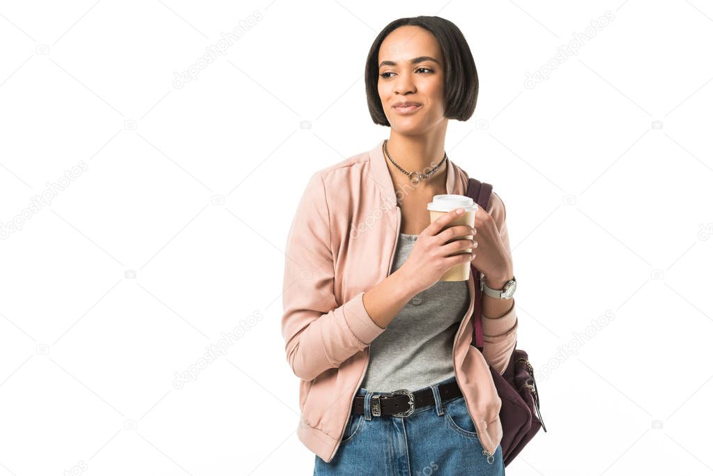 female african american student with backpack holding coffee to go, isolated on white