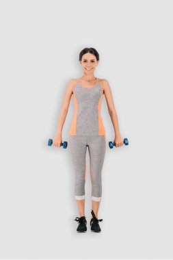 sporcumuz beyaz arka plan üzerinde izole barbell ile Üstten Görünüm