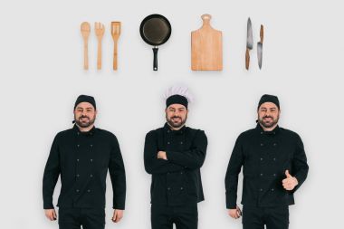 başparmak jest, Şef çapraz kolları olan ve profesyonel ekipman, meslekler kavramı ile diğer aşçı yemek 