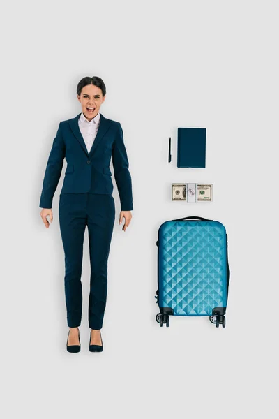 Top View Angry Businesswoman Money Textbook Suitcase Isolated White Background — Stock Photo, Image