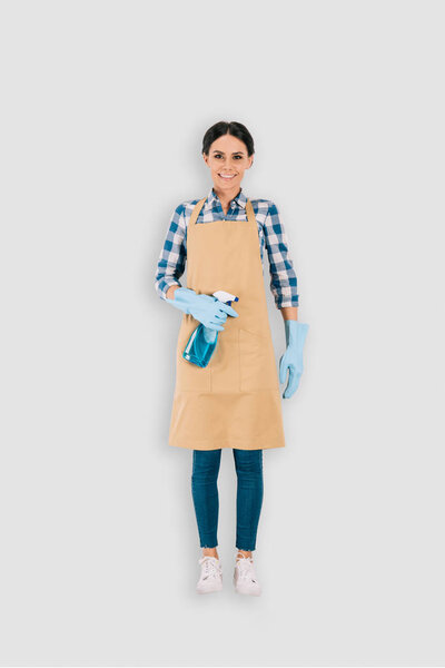 top view of female cleaner in protective gloves with spray bottle isolated on white background