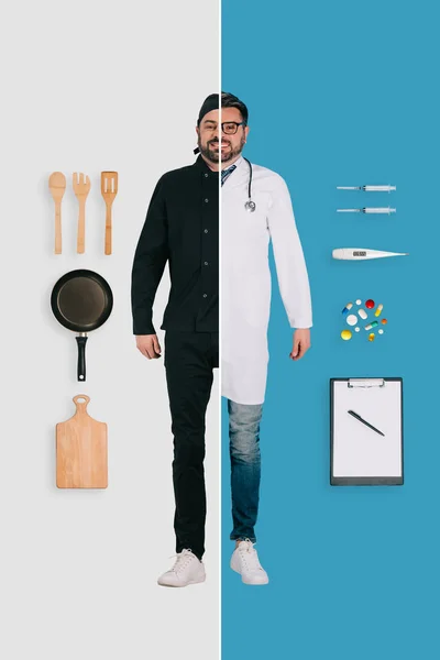 Young Man Two Occupations Chef Doctor Different Backgrounds — Stock Photo, Image