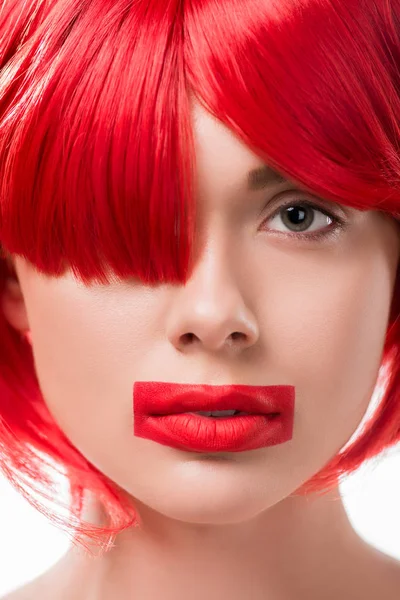 Beautiful Woman Red Hair Red Lips Shape Rectangle Looking Camera — Stock Photo, Image