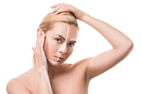 Attractive Woman White Lines Face Touching Head Hands Isolated White — Free Stock Photo