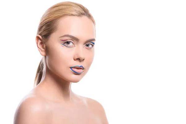 Atrakcyjna Kobieta Kolorowe Kosmetyki Linii Patrząc Kamery Białym Tle — Darmowe zdjęcie stockowe