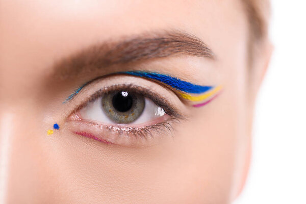 cropped image of woman with colored liner makeup isolated on white
