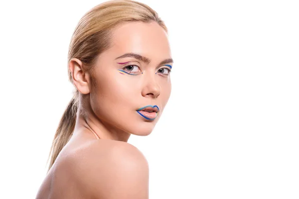 Retrato Mulher Bonita Com Maquiagem Colorida Com Linhas Isoladas Branco — Fotografia de Stock Grátis