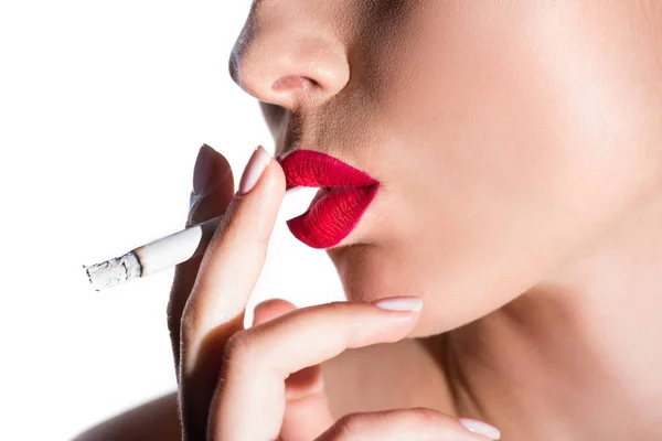 Vista Lateral Mujer Fumando Cigarrillo Aislado Blanco — Foto de Stock
