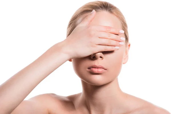 Beautiful Woman Covering Eyes Hand Isolated White — Stock Photo, Image