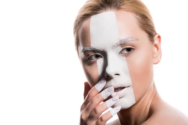 Beautiful Woman White Paint Face Fingers Touching Lips Isolated White — Stock Photo, Image