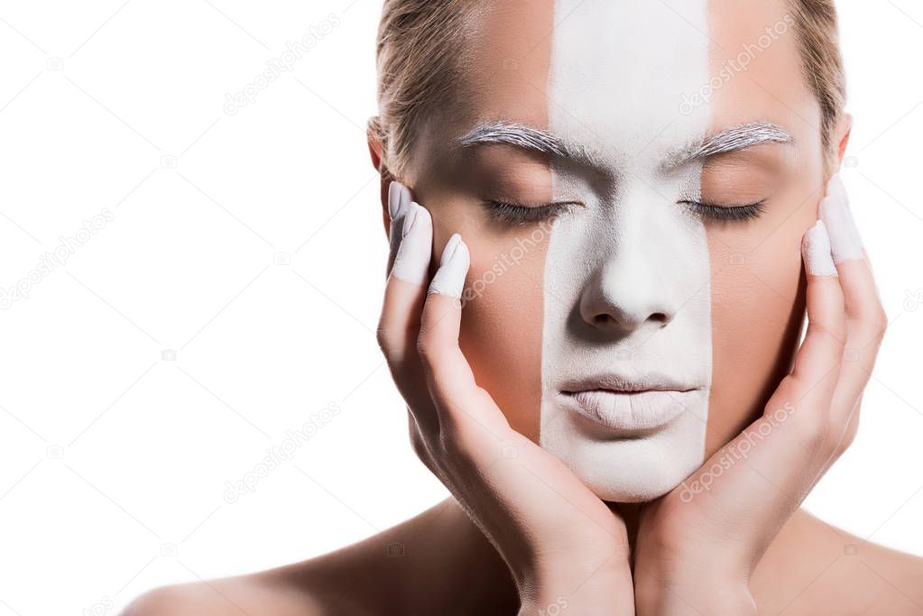 beautiful woman with white paint on face and closed eyes isolated on white