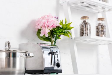 mutfakta ekmek kızartma makinesi, tencere ve pembe çiçekler