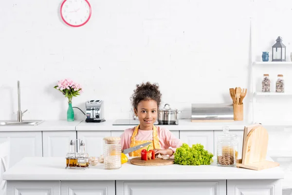 Happy African American Female Child Apron Cooking Alone Kitchen — Stock Photo, Image