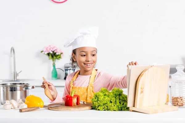 Cheerful African American Kid Apron Chef Hat Cooking Kitchen — Stock Photo, Image