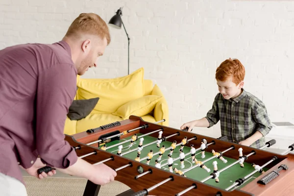 Happy Red Haired Father Son Playing Table Football Together — Stock Photo, Image