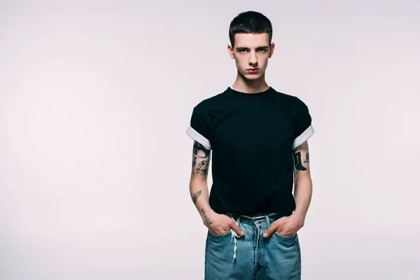 Handsome Young Man Tattoos Arms Isolated White — Stock Photo, Image