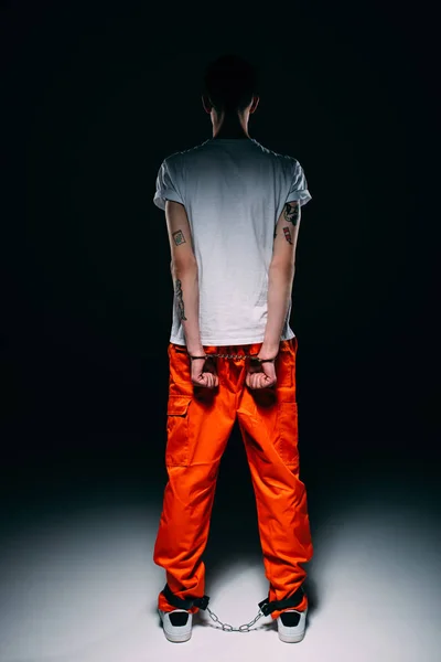 Rear View Man Wearing Prison Uniform Hands Cuffed His Back — Stock Photo, Image