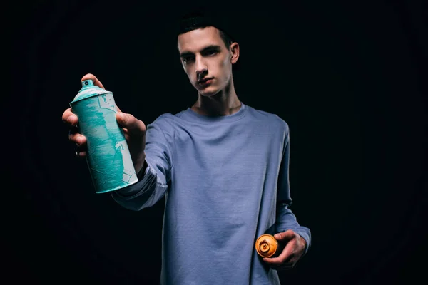 Young Man Painting Spray Paint Isolated Black — Stock Photo, Image