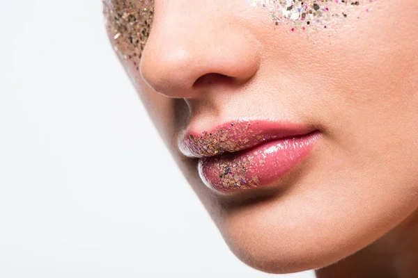 Cropped Image Woman Glitter Face Isolated White — Stock Photo, Image