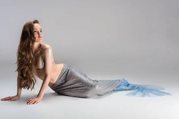 Attractive Woman Mermaid Tail Sitting Floor Looking Away — Stock Photo, Image