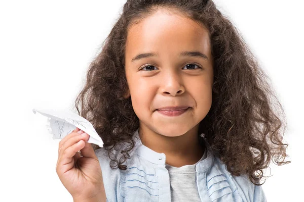 Chica afroamericana con avión de papel - foto de stock