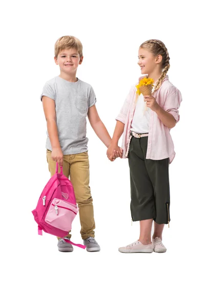 Niño y niña con flores - foto de stock