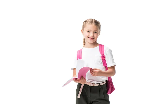 Schülerin hält Schulbuch in der Hand — Stockfoto