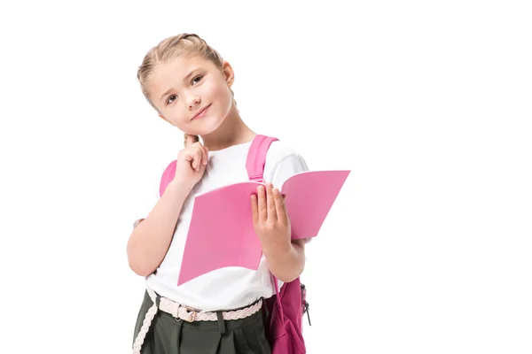 Schülerin hält Schulbuch in der Hand — Stockfoto