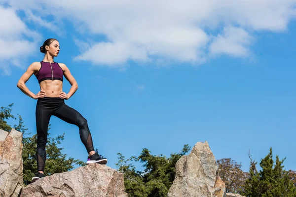 Молодая спортивная женщина на скалах — стоковое фото