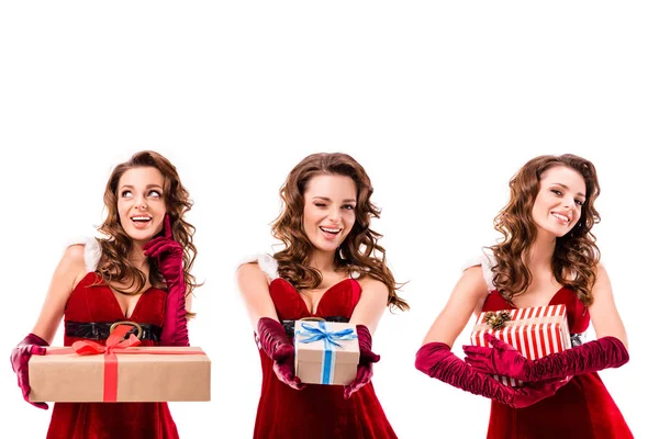 Collage avec des filles santa tenant des cadeaux — Photo de stock