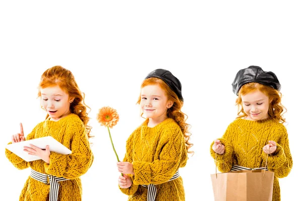 Колаж зі стильною дитиною тримає планшет, сумка для квітів, ізольована на білому — стокове фото