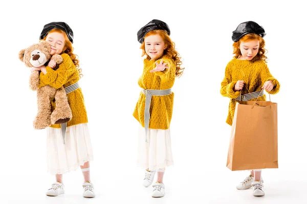 Collage con elegante niño de pie con osito de peluche y bolsa aislada en blanco — Stock Photo