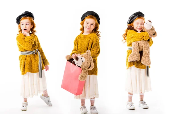 Collage avec enfant élégant debout avec ours en peluche dans différentes poses sur blanc — Photo de stock