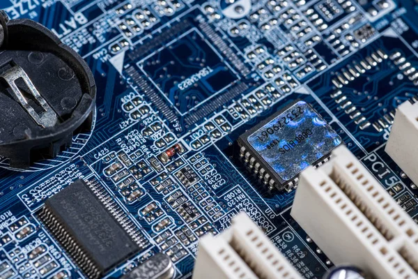 Selective focus of computer motherboard various details — Stock Photo