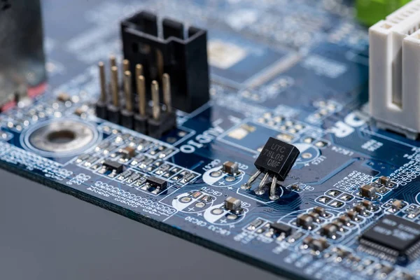 Selective focus of various details of computer motherboard — Stock Photo