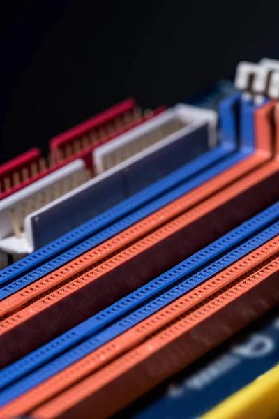 Close up view of computer motherboard colorful ports — Stock Photo