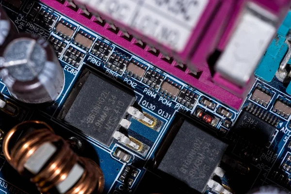 Selective focus of various details of computer motherboard — Stock Photo