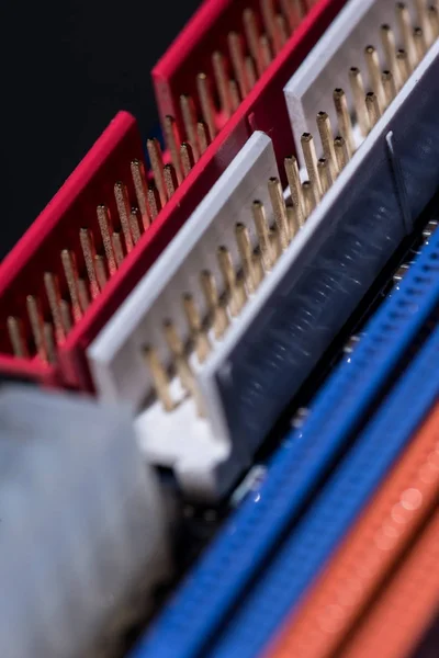 Close up view of computer motherboard colorful ports — Stock Photo