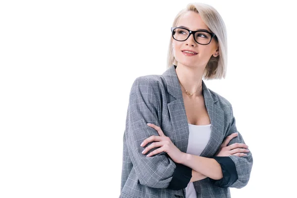 Happy businesswoman in eyeglasses with crossed arms, isolated on white — Stock Photo