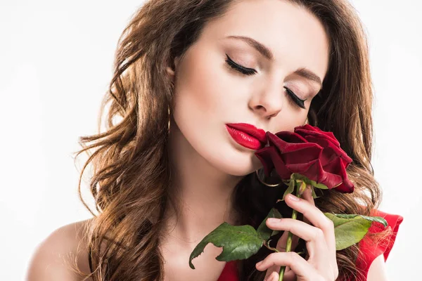 Stylish sensual girl touching face with rose isolated on white, valentines day concept — Stock Photo