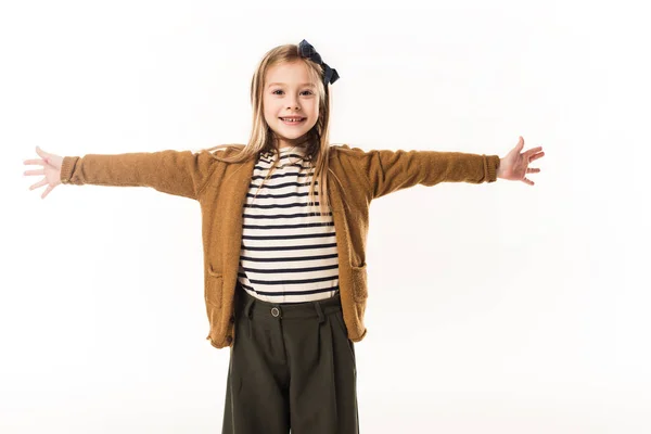 Adorable little child with outstretched arms ready to hug isolated on white — Stock Photo